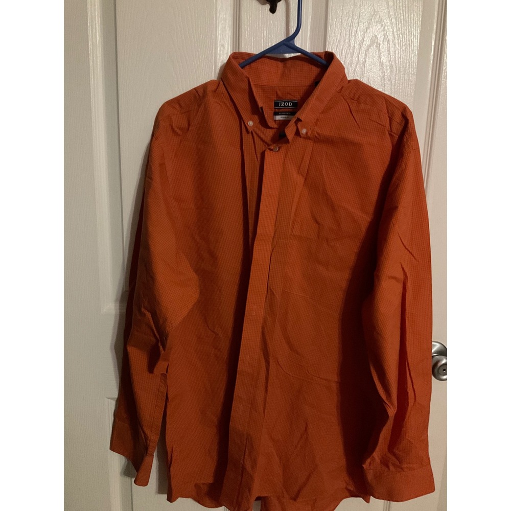 IZOD Mens Orange Micro Check All-Over Stretch Regular Fit Button Down Shirt XL